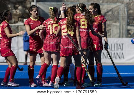 VALENCIA, SPAIN - FEBRUARY 7: Spanish players celebrate a goal during Hockey World League Round 2 match between Spain and Turkey at Betero Stadium on February 7, 2017 in Valencia, Spain