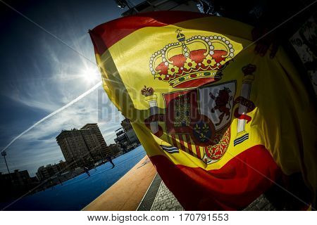 VALENCIA, SPAIN - FEBRUARY 7: Spanish flag during Hockey World League Round 2 match between Spain and Turkey at Betero Stadium on February 7, 2017 in Valencia, Spain