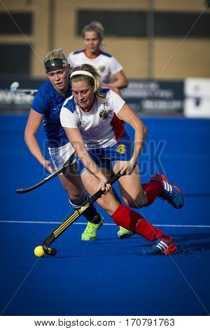 VALENCIA, SPAIN - FEBRUARY 7: (R) Svezhentseva, (L) Lacina during Hockey World League Round 2 match between Russia and Czech Republic at Betero Stadium on February 7, 2017 in Valencia, Spain