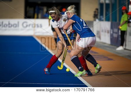 VALENCIA, SPAIN - FEBRUARY 7: (L) Svezhentseva, (R) Lacina during Hockey World League Round 2 match between Russia and Czech Republic at Betero Stadium on February 7, 2017 in Valencia, Spain