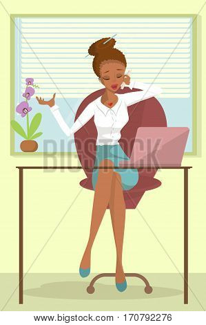 Business African woman or a clerk working at workplace. Young woman talks on phone at office desk. Design concept of the secretary or administrator. Isolated Vector illustration eps10