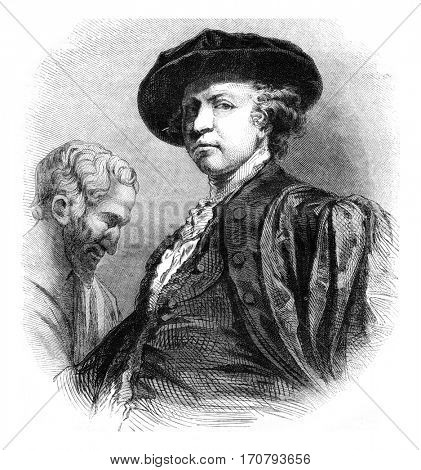Portrait of Reynolds after himself, vintage engraved illustration. Magasin Pittoresque 1852.