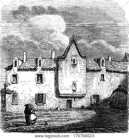 House or Descartes is, in the Haye-Descartes, department of Indre-et-Loire, vintage engraved illustration. Magasin Pittoresque 1845.