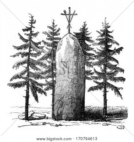 Peulvan Champ Dolent, near Dol, Finistere, vintage engraved illustration. Magasin Pittoresque 1845.