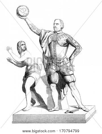 The Discovery of America, marble group by Persico, on one of the facades of the Capitol in Washington, vintage engraved illustration. Magasin Pittoresque 1845.