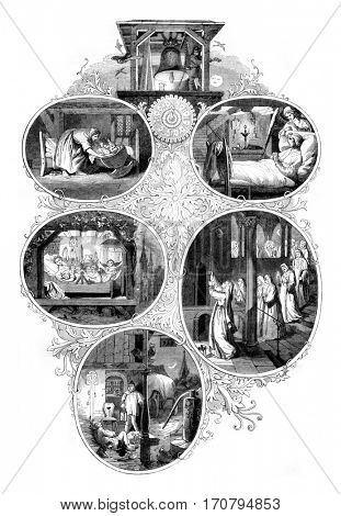 The nuns are preparing to go to matins, The wind is blowing, The moon rises, God knows everything, vintage engraved illustration. Magasin Pittoresque 1845.