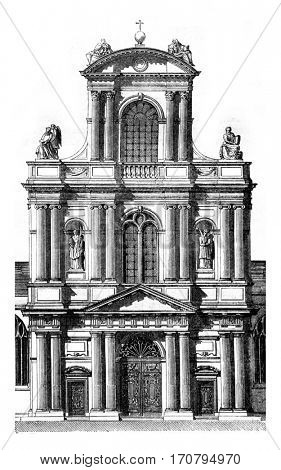 Portal of the church of Saint Gervais, in Paris, beginning in 1616, vintage engraved illustration. Magasin Pittoresque 1845.