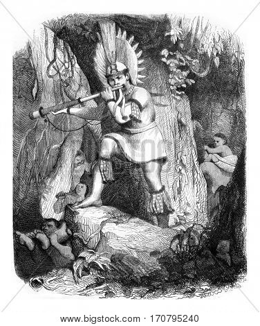 A head of Coroados wild in Brazil, The signal for battle, vintage engraved illustration. Magasin Pittoresque 1845.