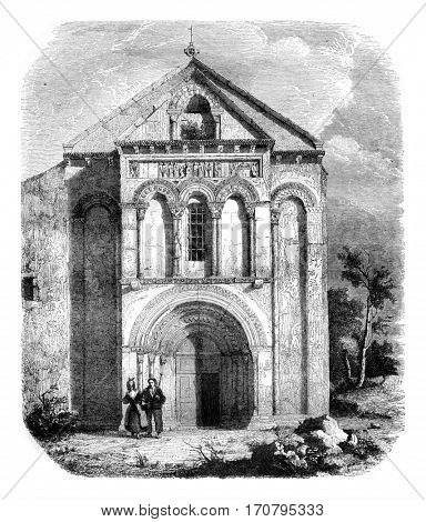 Church of Loupiac, the department of Gironde, vintage engraved illustration. Magasin Pittoresque 1844.