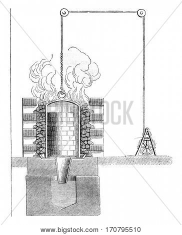 Bell to vaporize the mercury and melting silver minerva, vintage engraved illustration. Magasin Pittoresque 1844.