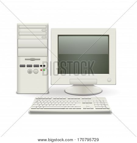 Old computer isolated on white photo-realistic vector illustration
