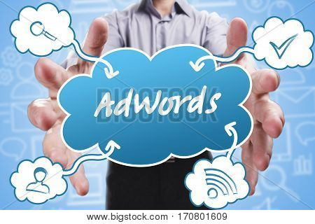 Business, Technology, Internet And Marketing. Young Businessman Thinking About: Adwords