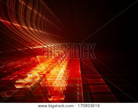 Abstract background element. Fractal graphics. Three-dimensional composition of glowing grids and wave forms. Information technology or science concept. Red and black colors.