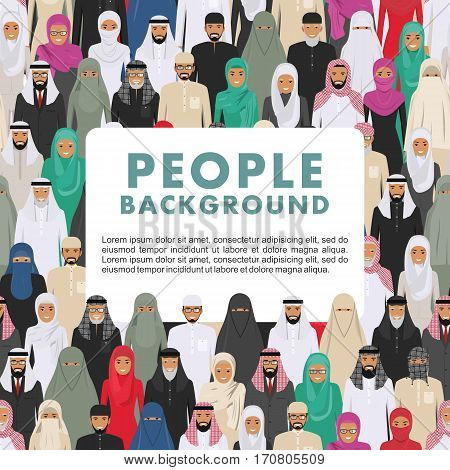 Vector seamless pattern group of arab men and women standing together in different traditional islamic clothes. Different dress styles. Cute and simple in flat style. Illustration of society members. Design people characters.