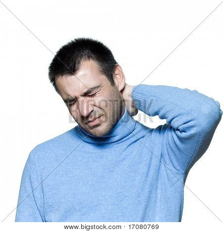 수염 남자 neckache 통 고립 된 배경 표현 초상화
