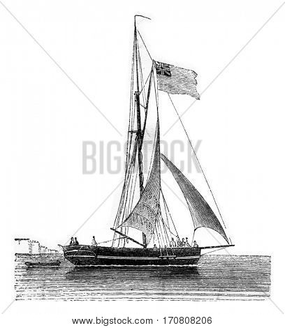 Yacht current drops, seen by the starboard quarter, vintage engraved illustration. Magasin Pittoresque 1842.