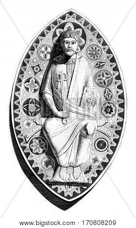 Drawing a medallion emaille the twelfth century, after the original monument, vintage engraved illustration. Magasin Pittoresque 1842.