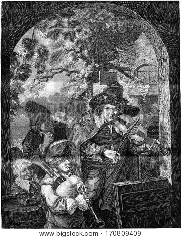 The Street Musicians, instrument Dietrich, vintage engraved illustration. Magasin Pittoresque 1841.