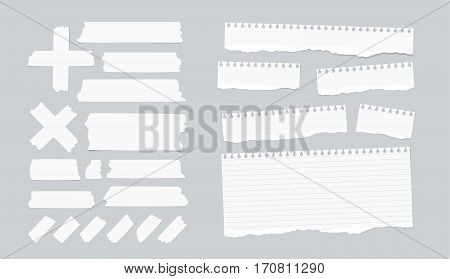 Sticky, adhesive masking tape, ripped note, notebook, copybook paper sheets, strips on gray background