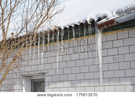 Icicles damage roof and gutter. Ice Damming.