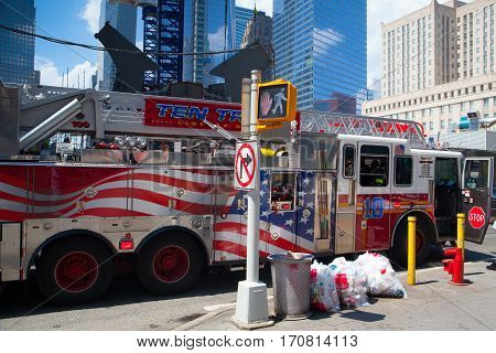 New York USA - July 29 2013:Typical american fire truck in Manhattan next the Ground Zero New York City USA