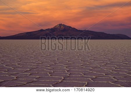 Salar de Uyuni in front of the Tunupa volcano Altiplano Bolivia