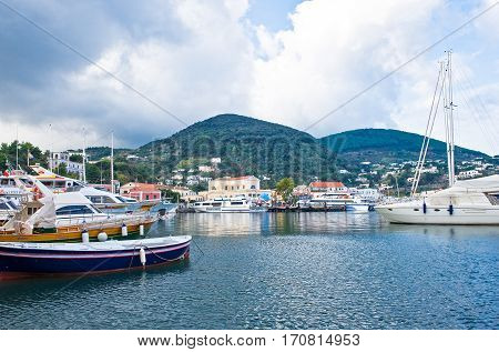 Ischia Italy - October 17 2008: Boats in the harbor of Ischia Porto