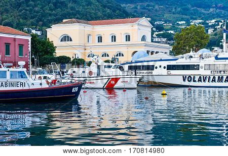 Ischia Italy - October 17 2008: Boats in the harbor of Ischia Porto