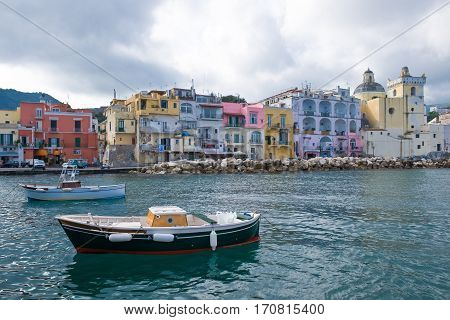Italy, Ischia, Ischia Ponte, the houses on the bay