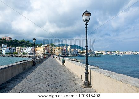 Ischia Italy - October 17 2008: The Ischia Ponte village seen from the bridge