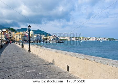 Ischia Italy - October 17 2008: The Ischia Ponte village seen from the bridge