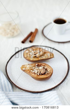 pear with honey and nuts coffee breakfast