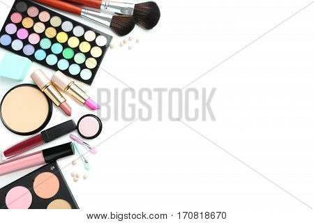 Different Makeup Cosmetics On White Background