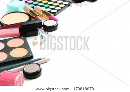 Different Makeup Cosmetics On White Background