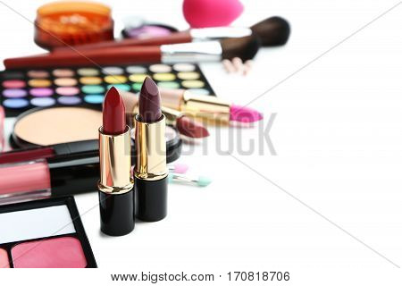 Different Makeup Cosmetics On White Background