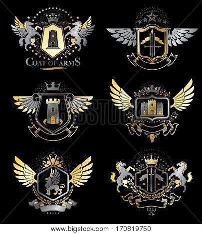 Vintage decorative heraldic vector emblems composed with elements like eagle wings religious crosses armory and medieval castles animals. Collection of classy symbolic illustrations.