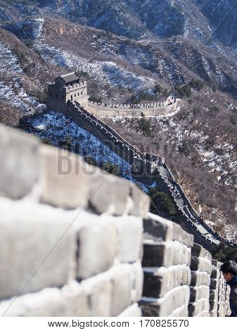 A shallow depth of field emphasises the details of the Great Wall of China.