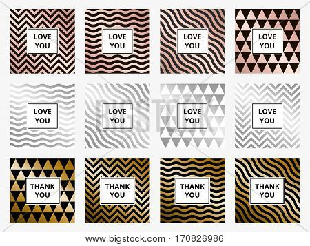 Set of greeting cards. Geometric abstract rose golden and silver metallic vector backgrounds, zigzag, wave, tringle and chess pattern.