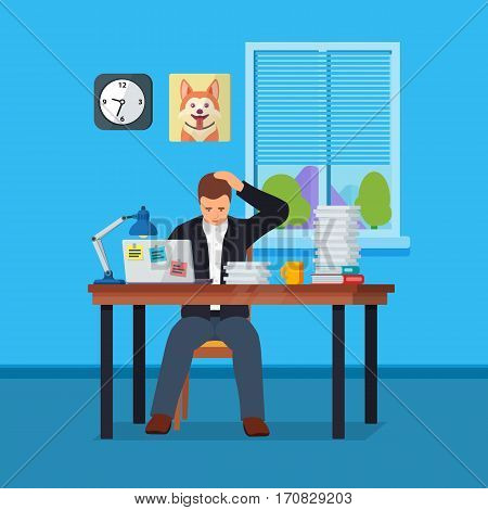 Worker character doing hard work. Business situation. Hard Working man in office banner in flat style. People in action. The manager works in an office with a window. More paperwork illustration