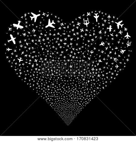 Airplanes fireworks with heart shape. Vector illustration style is flat white iconic symbols on a black background. Object stream done from scattered symbols.