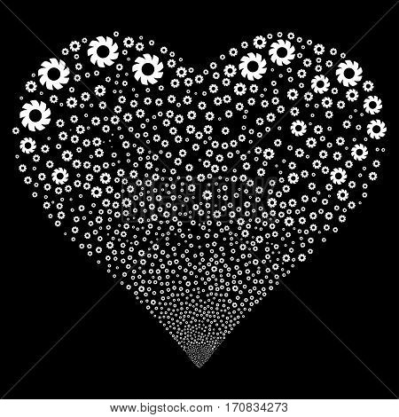 Turbine fireworks with heart shape. Vector illustration style is flat white iconic symbols on a black background. Object stream constructed from scattered icons.