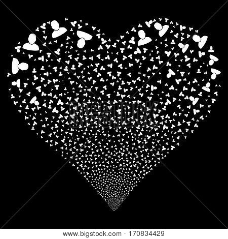 User fireworks with heart shape. Vector illustration style is flat white iconic symbols on a black background. Object stream constructed from scattered pictograms.