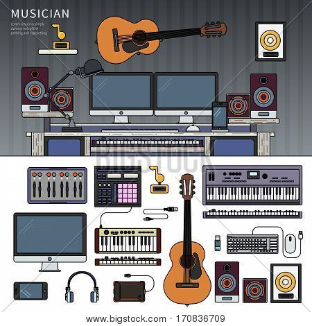 Musician workspace. Musician working cabinet with digital equipment, dynamic microphone, digital studio mixer and keyboard synthesizer. Computer, headphones, guitar, sequencer, loudspeaker isolated on white background. Thin line flat design