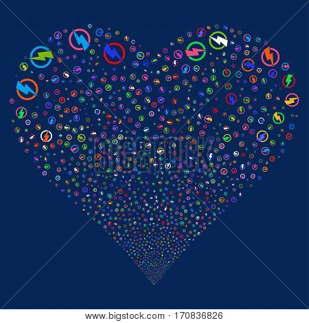 Electricity fireworks with heart shape. Vector illustration style is flat bright multicolored iconic symbols on a blue background. Object love heart organized from scattered icons.