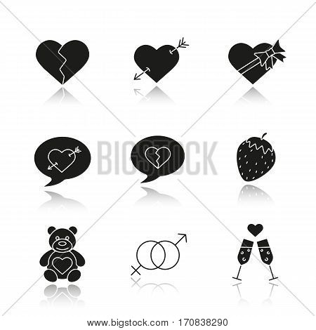 Valentine's Day drop shadow black icons set. Heartbreak, love messages, sex and erotic symbols, champagne, teddy bear, arrow piercing heart, candy box. Isolated vector illustrations