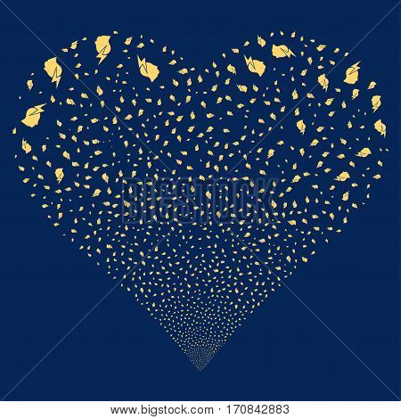 Person Stress Strike fireworks with heart shape. Vector illustration style is flat yellow iconic symbols on a blue background. Object heart combined from scattered icons.