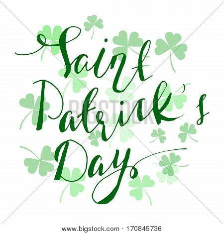 vector hand lettering saint patrick's day greetings text with clover shapes.