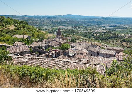 Top view of the rooftops of the village Mirabel in the Ardèche region of France