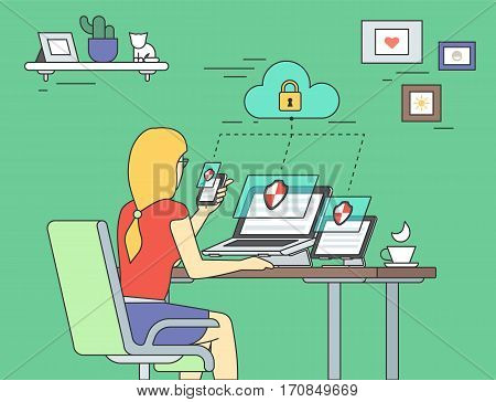 Security for laptop, tablet and smartphone flat contour concept illustration of young woman holds smartphone and working with laptop and tablet pc. Desktop security and multiscreen data protection