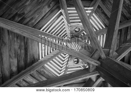 Through Wooden Sunshade See The Sky Black And White Close-up Of
